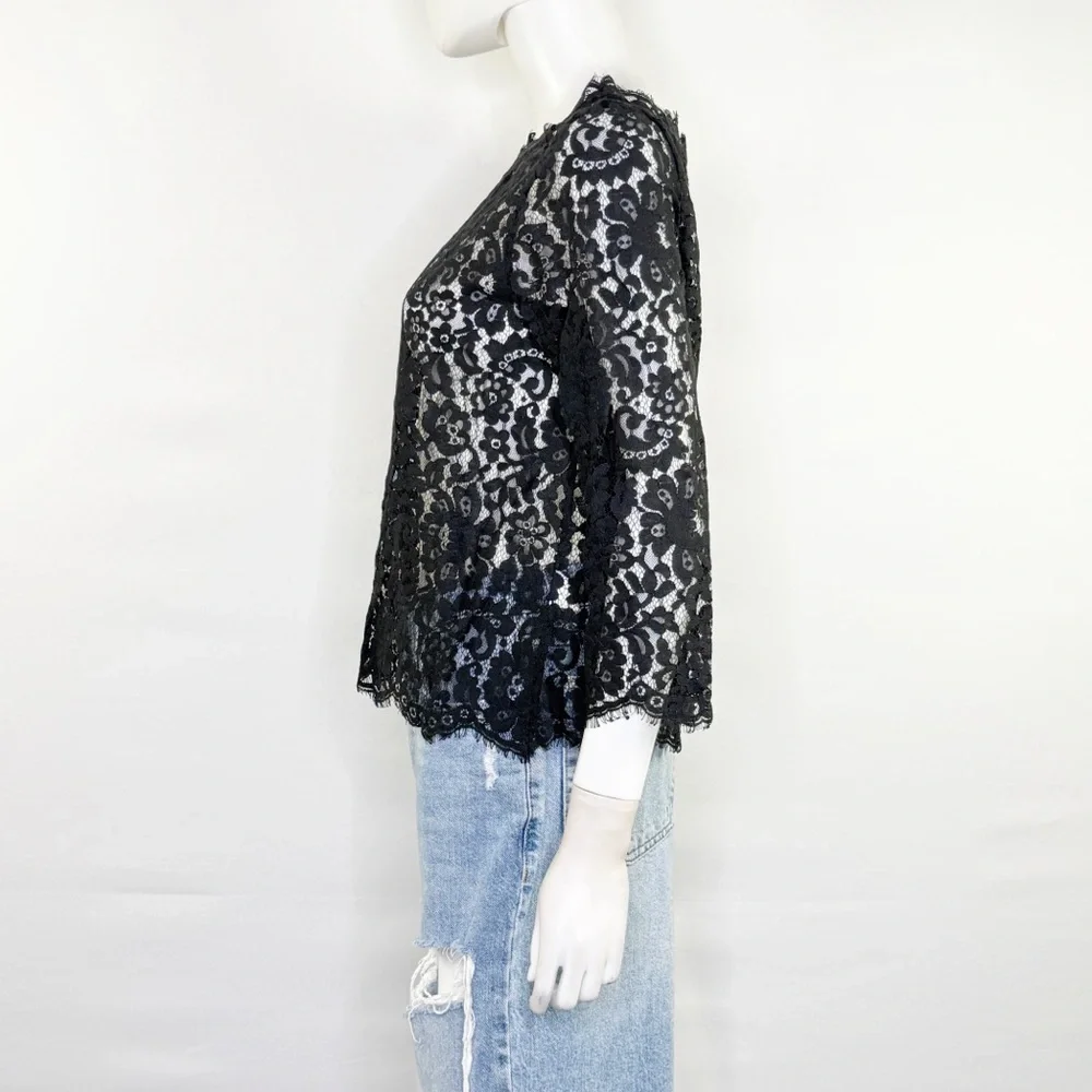 Joie Black Lace Sheer Blouse Top Size S Cocktail Party Whimsigoth Scalloped Hem - Picture 3 of 8